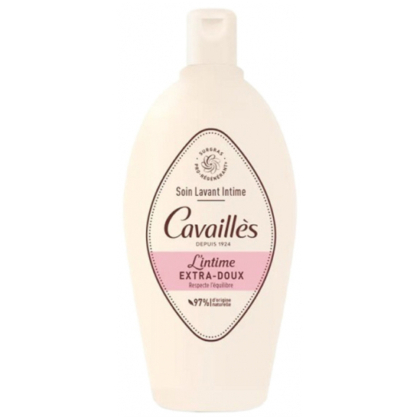 Un flacon de 100 ml de Cavaillès Soin Lavant Intime Extra Doux, un nettoyant intime doux avec un corps blanc, une étiquette rose et un bouchon à charnière. L'étiquette frontale en français affiche les détails du produit. Dakar
