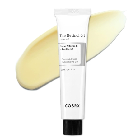 Un tube de Cosrx Crème Rétinol 0,1% Enrichie en Vitamine E et Panthénol 20 ml repose sur un échantillon de crème jaune pâle, mettant en évidence ses bienfaits raffermissants et lissants pour une peau d'apparence jeune. Dakar
