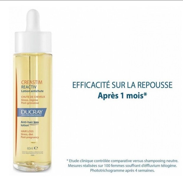 Un flacon de lotion anti-chute Ducray Creastim Reactiv avec un bouchon compte-gouttes est présenté. Le texte français souligne l'efficacité sur la repousse des cheveux après 1 mois et énumère des conditions comme le stress et la post-grossesse. Dakar
