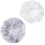 Deux bonnets de douche Ebelin Bonnet de Douche 1 pièce sont présentés à plat sur fond blanc : l'un est blanc uni, l'autre est blanc avec un motif floral gris clair. Les deux sont dotés de bords élastiques. Dakar