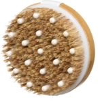 Une brosse sèche ronde pour le corps avec des poils naturels et de multiples nœuds de massage blancs, dotée d'un dos en bois et d'une sangle en tissu blanc pour une prise en main facile. Dakar