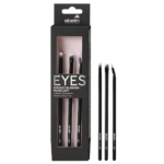 Le coffret Ebelin Trio de Pinceaux Maquillage Polyvalents Smokey Blender comprend trois pinceaux de maquillage pour les yeux à manche noir avec des pointes angulaires et arrondies, présentés à côté de l'emballage noir et rose étiqueté "EYES SMOKEY BLENDER-PINSELSET". Dakar