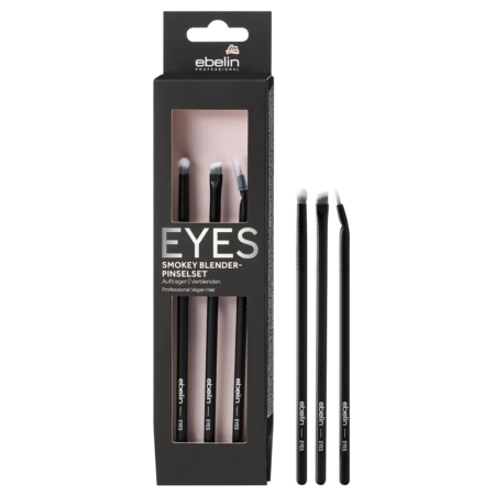Le coffret Ebelin Trio de Pinceaux Maquillage Polyvalents Smokey Blender comprend trois pinceaux de maquillage pour les yeux à manche noir avec des pointes angulaires et arrondies, présentés à côté de l'emballage noir et rose étiqueté "EYES SMOKEY BLENDER-PINSELSET". Dakar