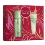 Coffret cadeau Elizabeth Arden Green Tea rouge et or contenant un flacon vert de Green Tea Scent Spray et un tube blanc de Green Tea Body Cream, tous deux avec des motifs de feuilles. Dakar