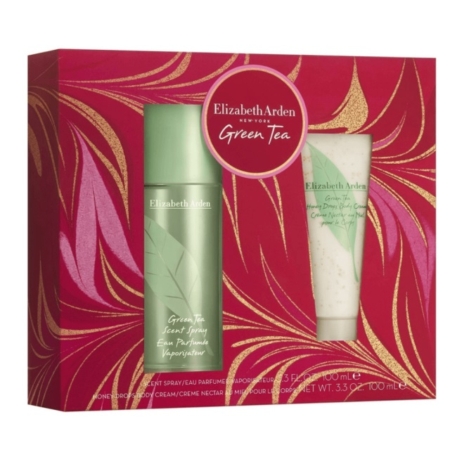 Coffret cadeau Elizabeth Arden Green Tea rouge et or contenant un flacon vert de Green Tea Scent Spray et un tube blanc de Green Tea Body Cream, tous deux avec des motifs de feuilles. Dakar