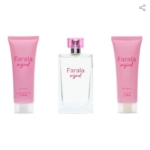 Trois produits Farala Original : deux tubes roses de lait corporel parfumé étiquetés "Woman" de part et d'autre d'un flacon de parfum rectangulaire en verre avec un bouchon rose, le tout sur fond blanc. Dakar