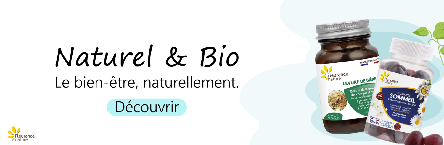 Flacons de compléments Fleurance Nature d'Univers Cosmetix avec le texte "Naturel & Bio. Le bien-être, naturellement. Découvrir" sur un fond clair avec des feuilles. Dakar