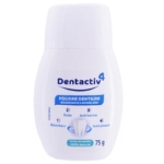 Le flacon blanc de 75 g de Gilbert Dentactiv4 Poudre Dentaire Blancheur Bicarbonate présente un texte bleu, une étiquette à l'arôme de menthe et met en avant les bénéfices blanchissants, éclaircissants, anti-tartre et anti-plaque. Dakar
