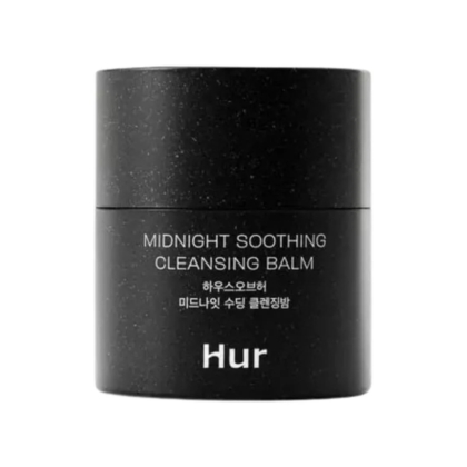 Un récipient cylindrique noir étiqueté "MIDNIGHT SOOTHING CLEANSING BALM" avec un texte en coréen et la marque "Hur" en bas est placé sur un fond blanc, présentant House of Hur Baume Démaquillant et Apaisant pour la Nuit 50ml. Dakar