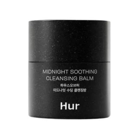 Un récipient cylindrique noir étiqueté "MIDNIGHT SOOTHING CLEANSING BALM" avec un texte en coréen et la marque "Hur" en bas est placé sur un fond blanc, présentant House of Hur Baume Démaquillant et Apaisant pour la Nuit 50ml. Dakar
