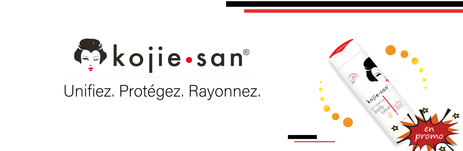 Une bouteille de produit Kojie San inclinée sur un fond blanc avec le logo Univers Cosmetix, un visage de femme stylisé et le texte "Unifiez. Protégez. Rayonnez." plus "en promo" sur une étoile rouge. Dakar