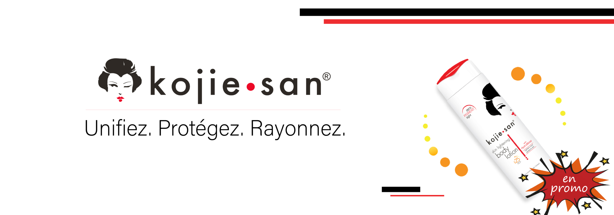 Une bouteille de produit Kojie San inclinée sur un fond blanc avec le logo Univers Cosmetix, un visage de femme stylisé et le texte "Unifiez. Protégez. Rayonnez." plus "en promo" sur une étoile rouge. Dakar