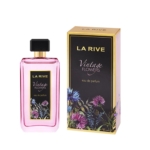 Un flacon rose de La Rive Vintage Flowers Eau de Parfum pour Femme 90ml se trouve à côté de son coffret décoré de fleurs, tous deux ornés d'élégantes étiquettes noires et dorées avec des illustrations de fleurs. Dakar