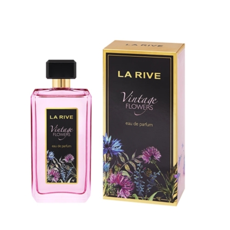 Un flacon rose de La Rive Vintage Flowers Eau de Parfum pour Femme 90ml se trouve à côté de son coffret décoré de fleurs, tous deux ornés d'élégantes étiquettes noires et dorées avec des illustrations de fleurs. Dakar