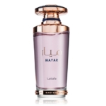 Un flacon de parfum Lattafa Mayar avec un bouchon et des accents en or rose, avec un verre transparent et un liquide violet clair à l'intérieur. Les étiquettes indiquent le nom de la marque en anglais et en arabe. Dakar