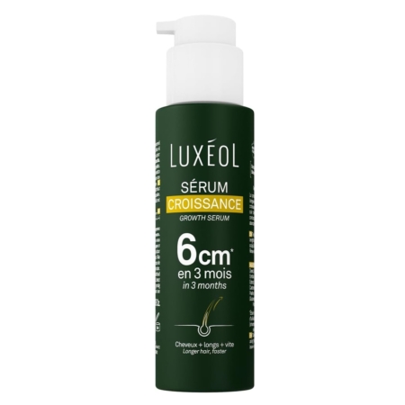 Le flacon de 50 ml de Luxéol Sérum Croissance et Accélération Pousse Cheveux présente une pompe blanche, une étiquette vert foncé, un texte bilingue et une illustration de cheveux. Il revendique une croissance des cheveux de 6 cm en 3 mois. Dakar