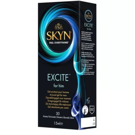 Manix Skyn Excite for him Gel Excitant pour Homme 15ml est présenté dans une boîte noire avec des tourbillons bleus, des textes dorés et blancs et des informations multilingues. La boîte contient 15 ml de gel d'excitation pour homme, permettant d'administrer jusqu'à 30 doses. Dakar
