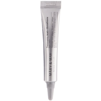 Le tube argenté élégant de Mary and May Crème Contour Yeux à l'Acide Tranexamique et au Glutathion 12 g, avec un applicateur pointu et un texte minimaliste, offre un soin ciblé pour les yeux dans un emballage moderne. Dakar