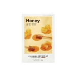 Un paquet de Missha Airy Fit Masque en Tissu Rafraîchit et Lisse la Peau 19 ml, avec des images de nid d'abeille et de louche en bois sur fond blanc, comporte des textes en anglais et en coréen sur son emballage. Dakar