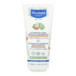 Tube de shampoing crème démêlant et nourrissant Mustela pour bébés et enfants, au beurre de karité et à l'avocat, 200ml, présenté à la verticale sur fond blanc. L'étiquette est rédigée en français et en anglais. Dakar