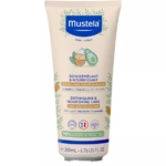 Tube beige du Soin démêlant et nourrissant Mustela pour cheveux longs, ondulés ou bouclés, d'une contenance de 200 ml, avec des illustrations d'avocat et de karité, et des accents bleus et orange sur l'étiquette. Dakar