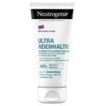 Un tube de crème intensive pour les pieds Neutrogena Ultra Reichhaltig avec une formule norvégienne, étiquetée pour les pieds secs et abîmés. Contient 40% de glycérine et de bisabolol. L'emballage est blanc avec un texte bleu et vert. Dakar
