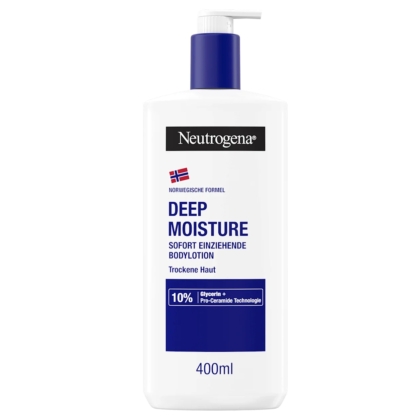 Un flacon blanc de 400 ml de lotion pour le corps Neutrogena Deep Moisture avec une pompe bleue, arborant un drapeau norvégien et des détails sur le produit en allemand sur l'étiquette. Dakar