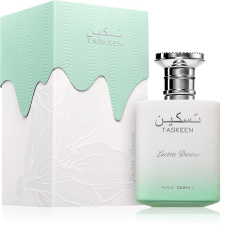 Le flacon Paris Corner Taskeen Lactéa Eau de Parfum Mixte 100ml, avec un motif floral en relief, un motif ondulé vert menthe et un bouchon argenté brillant, est présenté à côté de sa boîte assortie. Dakar