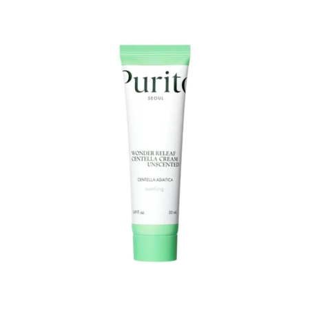 Tube de crème Purito Wonder Releaf Centella Cream Unscented, 50ml, avec un corps blanc et un bouchon vert menthe, représenté debout sur un fond blanc. Dakar