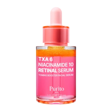 Un flacon en verre rose de Purito TXA 6 Niacinamide 10 Retinal Serum avec un liquide orange à l'intérieur et un bouchon compte-gouttes rose. L'étiquette le décrit comme un sérum facial tonifiant et stimulant. Dakar