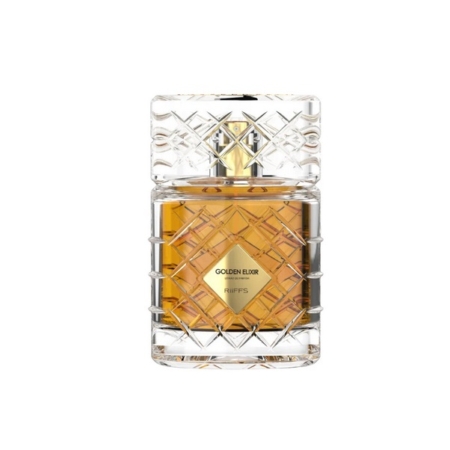 Un flacon de parfum en verre clair, aux motifs complexes, rempli d'un liquide ambré. L'étiquette indique "GOLDEN ELIXIR" et "RIFFS". Le flacon a une forme rectangulaire et un bouchon à motif assorti. Dakar