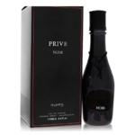 Un flacon noir du parfum Prive Noir de RiiFFS se trouve à côté de sa boîte noire assortie avec des bordures rouges. La boîte affiche le nom du produit, la marque et la taille : 100ml (3.4 fl oz). Dakar