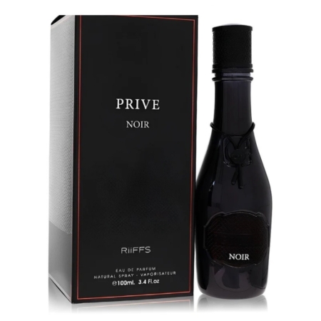 Un flacon noir du parfum Prive Noir de RiiFFS se trouve à côté de sa boîte noire assortie avec des bordures rouges. La boîte affiche le nom du produit, la marque et la taille : 100ml (3.4 fl oz). Dakar