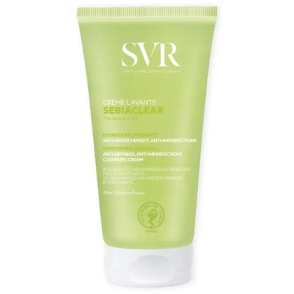 Un tube de 55 ml de Svr Crème Lavante Anti Imperfections - un nettoyant hydratant et anti-imperfections pour les peaux sensibles ou sujettes à l'acné - fabriqué en France. Dakar