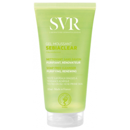 Tube vert de 55 ml de Svr Sebiaclear Gel Moussant Nettoyant Anti Imperfections Purifiant, un nettoyant sans savon pour purifier et renouveler les peaux à tendance acnéique, avec texte blanc et vert et bouchon à charnière. Dakar