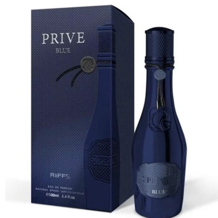Un flacon bleu foncé du parfum Prive Blue de RiiFFS est présenté à côté de sa boîte bleue texturée assortie. Le flacon et l'étui sont tous deux ornés d'un texte argenté et de détails élégants. Le flacon est étiqueté 100ml. Dakar
