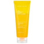 Un tube jaune d'APRILSKIN Real Calendula Low-pH Foam Cleanser, 200 ml, avec un texte blanc et un bouchon transparent. Le produit est étiqueté comme étant doux, sans danger pour la peau et adapté aux peaux sensibles. Dakar