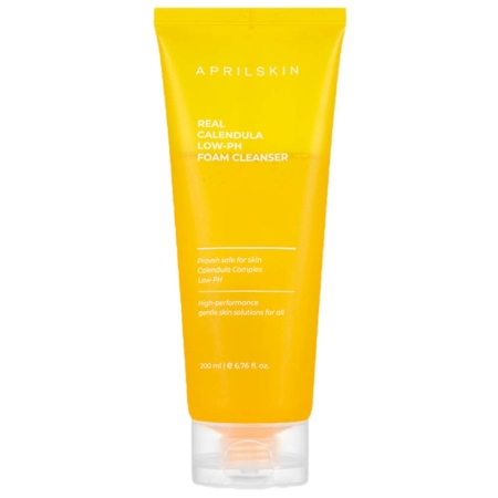 Un tube jaune d'APRILSKIN Real Calendula Low-pH Foam Cleanser, 200 ml, avec un texte blanc et un bouchon transparent. Le produit est étiqueté comme étant doux, sans danger pour la peau et adapté aux peaux sensibles. Dakar