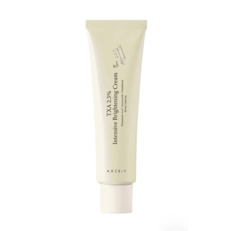 Un tube beige clair d'Axis Y Crème Éclaircissante TXA 2,5 % pour Teint Irrégulier 50 ml se tient debout avec un texte noir et un bouchon à vis blanc, conçu pour le soin de la peau. Dakar