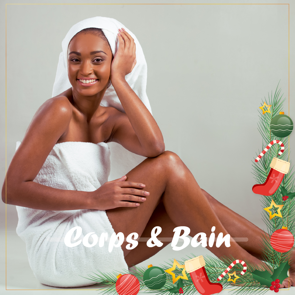Une femme souriante enveloppée dans une serviette blanche est assise sur un fond clair, avec une serviette sur la tête. Des décorations festives et "Corps & Bain by Univers Cosmetix" apparaissent au bas de l'image. Dakar