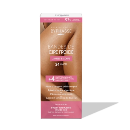 Boîte de 24 bandes de cire froide Byphasse pour les jambes et le corps. L'emballage présente des images de la peau en gros plan et met en avant les lingettes apaisantes, l'épilation rapide et le fait qu'elles conviennent aux peaux sensibles. Dakar