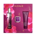 Un coffret cadeau Caudalie dans une boîte violette et rose comprenant un vaporisateur, une petite bougie et un tube de crème, le tout étiqueté "Thé des Vignes". Dakar