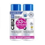 Deux bouteilles de rince-bouche CB12 (250 ml chacune) avec une étiquette rose indiquant "33% offert" et "offre exceptionnelle". Les flacons sont blancs avec des bouchons bleus et un texte bleu, blanc et rose. Dakar