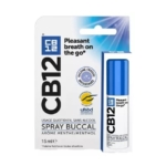 CB12 Spray Buccal mentholé, 15 ml, dans un emballage bleu et blanc avec un bouchon bleu. Le texte souligne "Une haleine agréable en déplacement", sans alcool, et pour un usage quotidien pour rafraîchir l'haleine instantanément. Dakar