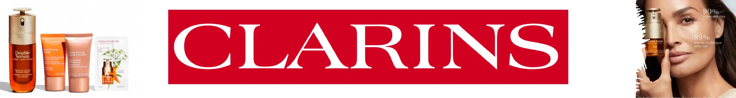 clarins-1 Une sélection de produits de soin Clarins, le logo Clarins en gras blanc sur rouge, et une femme appliquant un sérum sur son visage, soulignent l'engagement d'Univers Cosmetix en faveur de la beauté et du soin de la peau. Dakar