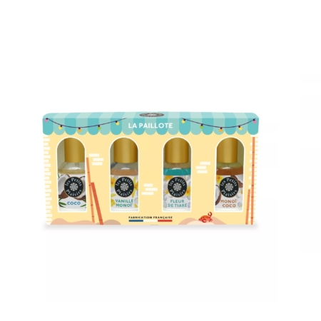 Le Coffret Noël La Paillote 4 Miniatures D'eaux de Toilette 30ml comprend quatre parfums 30ml - Coco, Vanille Monoï, Fleur de Tiaré, et Monoï Coco - dans un coffret festif de cabane de plage surmonté de "La Paillote". Dakar