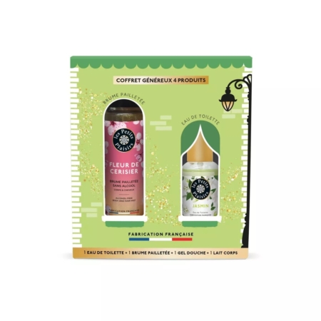 Coffret Noël le Village aux senteurs Parfum Jasmin 4 Produits : un coffret festif composé de quatre produits de fabrication française - brume chatoyante à la fleur de cerisier, eau de toilette au jasmin, gel douche et lait corporel - dans un emballage vert et jaune. Dakar