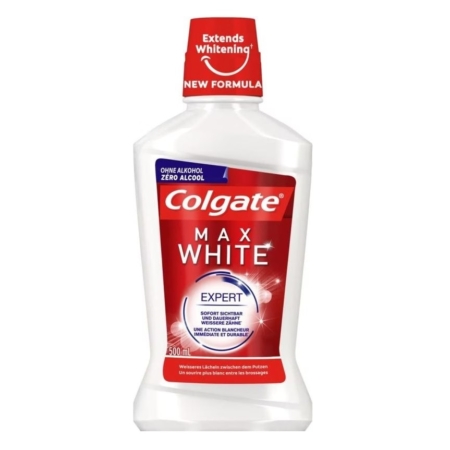 Un flacon de bain de bouche Colgate Max White Expert avec une étiquette rouge et blanche, portant la mention "NOUVELLE FORMULE" sur le bouchon et soulignant ses propriétés blanchissantes et sa teneur nulle en alcool. Dakar