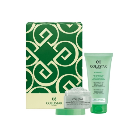 Coffret cadeau Collistar Milano vert et or comprenant une boîte à motifs, un pot rempli de cristaux ou de sel et un tube vert étiqueté "Anticellulite Cryo-Gel". Tous les articles sont soigneusement disposés sur un fond blanc. Dakar