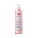 Un flacon pompe transparent d'Eucerin Anti-Pigment Cleansing Gel avec un liquide rose à l'intérieur. L'étiquette met en avant sa formule complexe à 2 % pour l'hyperpigmentation et une peau uniforme et radieuse. Dakar